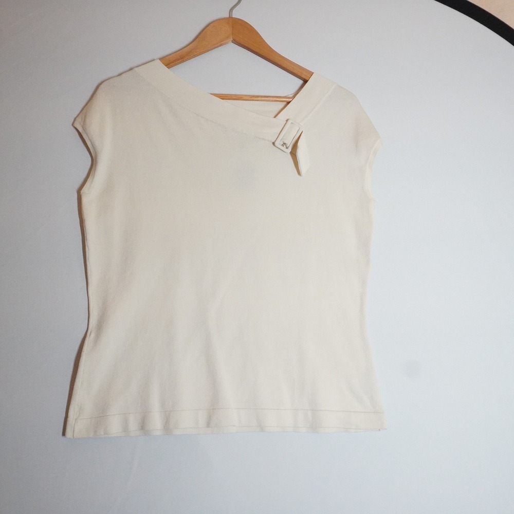 VTG Nine Silk Blend Cream Asymmetrical Buckle Neck Cap Sleeve Knit Top Large